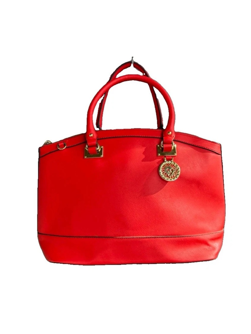 Modern Corporate Office Large Satchel Red Faux Leather Handbag Lion Charm Purse